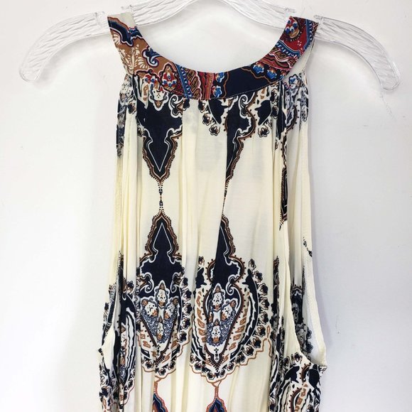 Women's Ivory Blue Indian Paisley Sleeveless Tie Neck Knee Length Sheath Dress - Picture 8 of 10